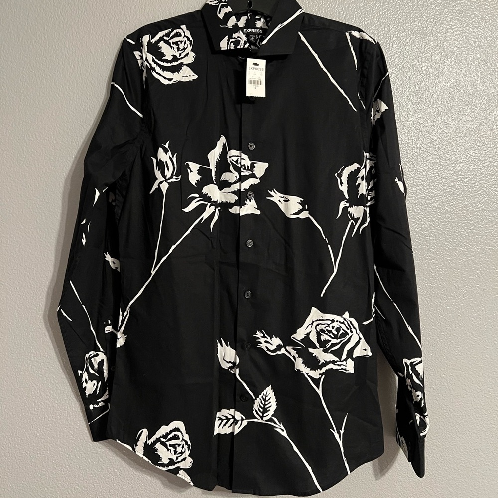 Express Black and White Rose Print Men's Shirt
